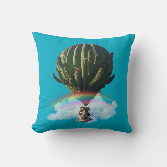 Surreal Cat Hot Air Balloon with Cactus & Rainbow Cushion (Front)