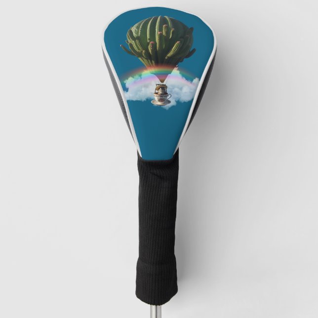 Surreal Cat Hot Air Balloon with Cactus & Rainbow Golf Head Cover (Front)