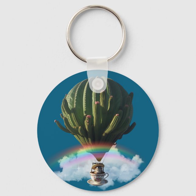 Surreal Cat Hot Air Balloon with Cactus & Rainbow Key Ring (Front)