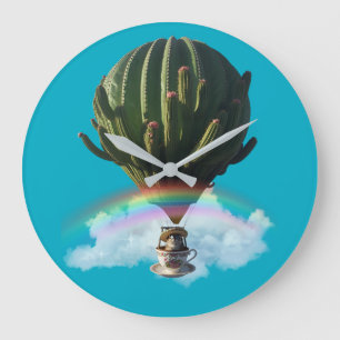 Surreal Cat Hot Air Balloon with Cactus & Rainbow Large Clock