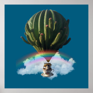 Surreal Cat Hot Air Balloon with Cactus & Rainbow Poster
