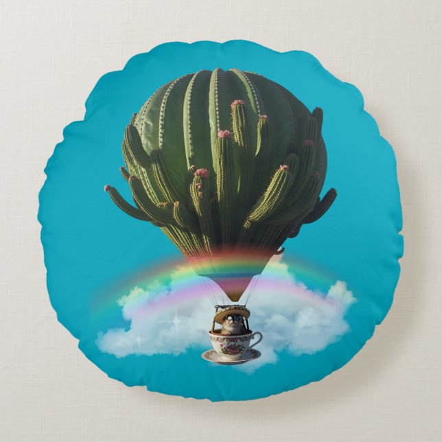 Surreal Cat Hot Air Balloon with Cactus & Rainbow Round Cushion (Front)