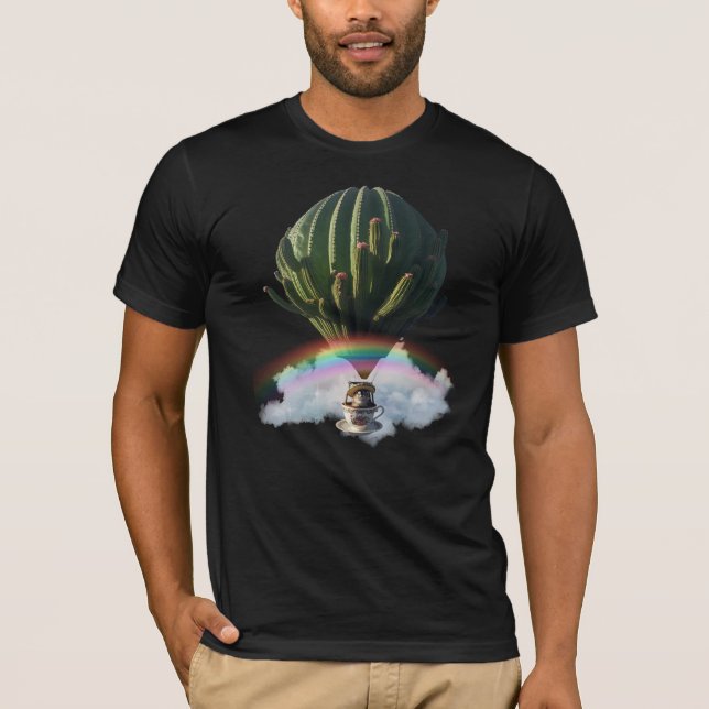 Surreal Cat Hot Air Balloon with Cactus & Rainbow T-Shirt (Front)