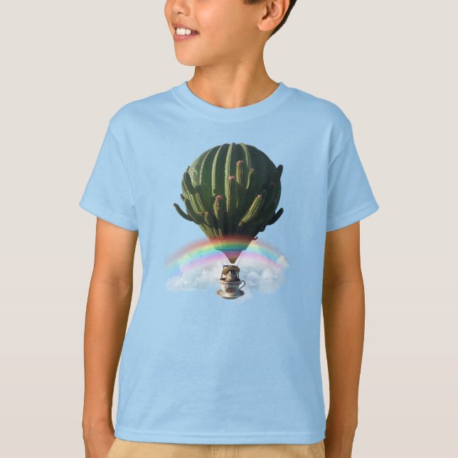 Surreal Cat Hot Air Balloon with Cactus & Rainbow T-Shirt (Front)