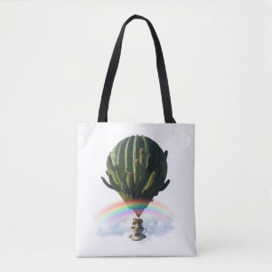 Surreal Cat Hot Air Balloon with Cactus & Rainbow Tote Bag
