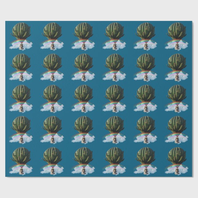 Surreal Cat Hot Air Balloon with Cactus & Rainbow Wrapping Paper (Flat)