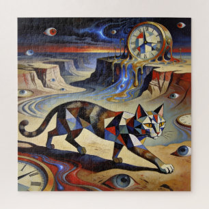 Surreal Cat Melting Clocks Dali Picasso Inspired Jigsaw Puzzle