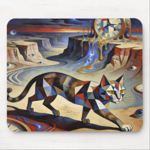 Surreal Cat Melting Clocks Dali Picasso Inspired Mouse Pad