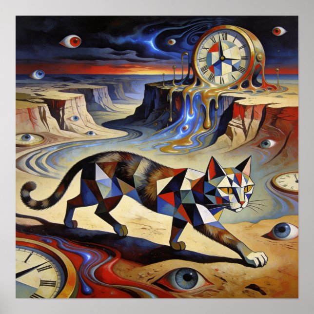 Surreal Cat Melting Clocks Dali Picasso Inspired Poster (Front)