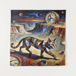Surreal Cat Melting Clocks Dali Picasso Inspired Tapestry