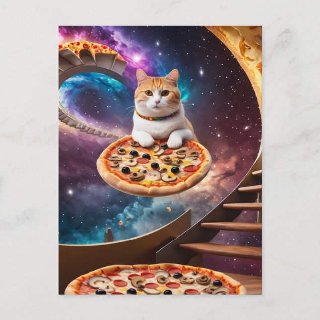 Surreal Cat on a Flying Pizza  Postcard (Front)