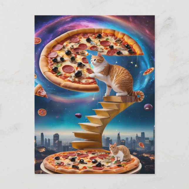 Surreal Cat on a Pizza Golden Stairs  Postcard (Front)
