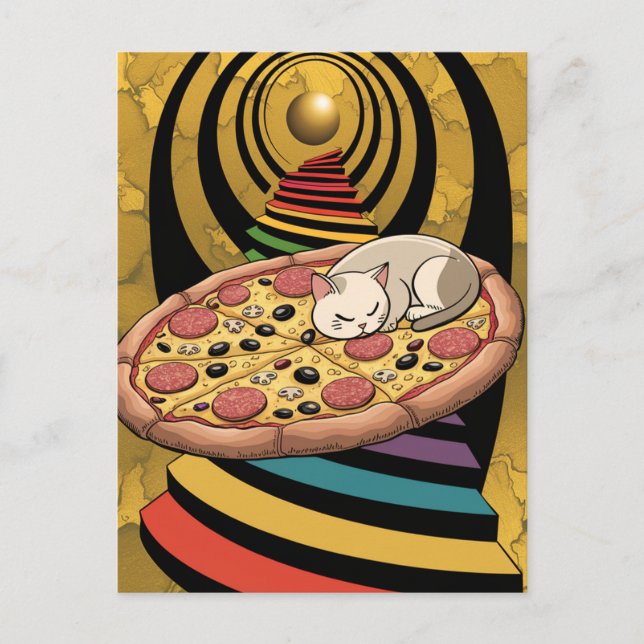 Surreal Cat on a Pizza Rainbow Stairs Gold Planet Postcard (Front)