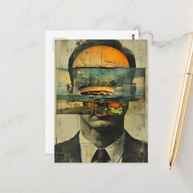 Surreal Cheeseburger Person City Water Abstract Postcard (Front/Back In Situ)