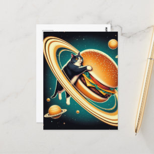 Surreal Cheeseburger Planet Cat Postcard