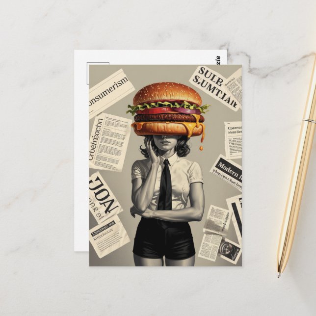 Surreal Cheeseburger Woman Collage News Postcard (Front/Back In Situ)