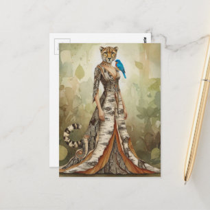 Surreal Cheetah Lady in Birch Bark Dress Fashion Postcard