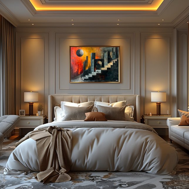 Surreal City Staircase Under Crimson Moon Art Poster (Creator Uploaded)