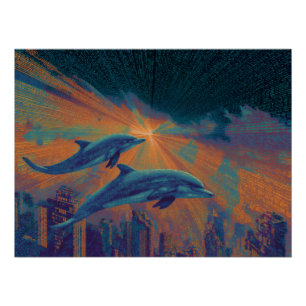 Surreal City Sunset with Flying Dolphins Poster