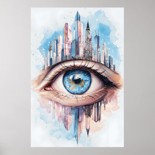 Surreal Cityscape Eye Poster – Watercolor Art