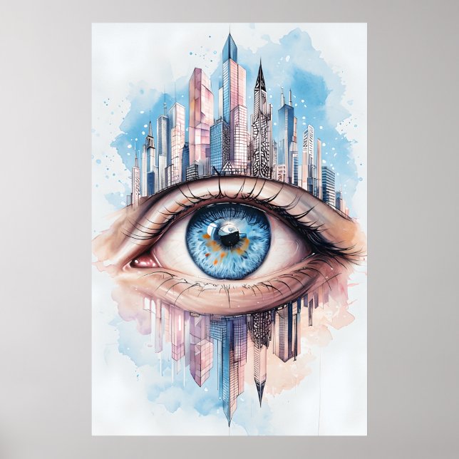 Surreal Cityscape Eye Poster – Watercolor Art (Front)