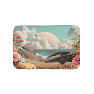 Surreal Coastal Landscape With Flowers And Clouds Bath Mat