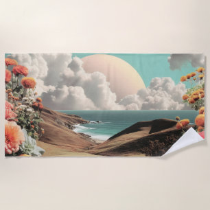 Surreal Coastal Landscape With Flowers And Clouds Beach Towel