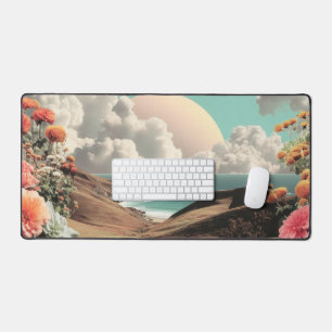 Surreal Coastal Landscape With Flowers And Clouds Desk Mat