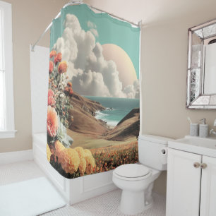 Surreal Coastal Landscape With Flowers And Clouds Shower Curtain