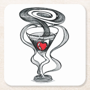 Surreal Cocktail Glass Heart Ink Drawing Coaster