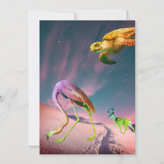 Surreal collage flamingo reindeer turtle holiday card