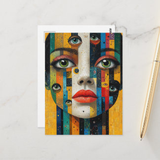 Surreal Colorful Face With Lots of Eyes Postcard