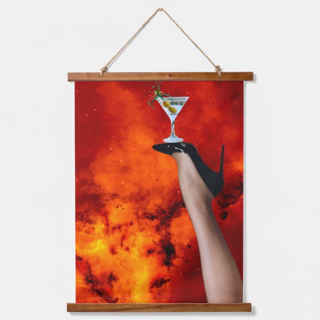 "Surreal Cosmic Art – High Heel Balancing Martini  Hanging Tapestry (Front)