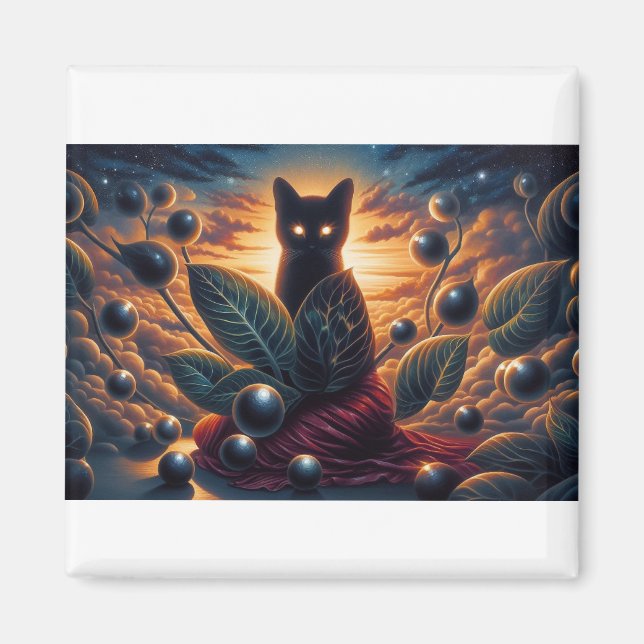 Surreal Cosmic Cat with Glowing Eyes and Stars Magnet (Front)