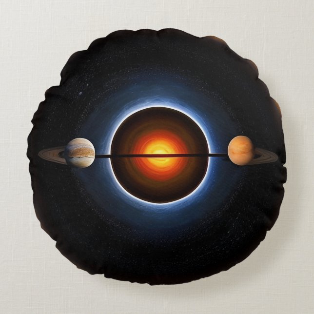 Surreal Cosmic Illustration Featuring Planets Round Cushion (Front)