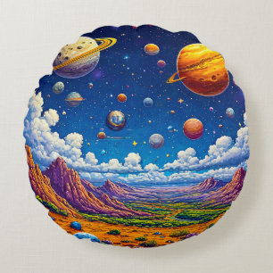 Surreal Cosmic Landscape Painting With Planets Round Cushion