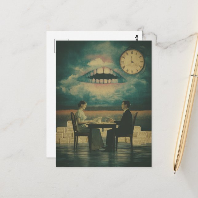 Surreal Couple on a Date with Mouth in the Sky Postcard (Front/Back In Situ)
