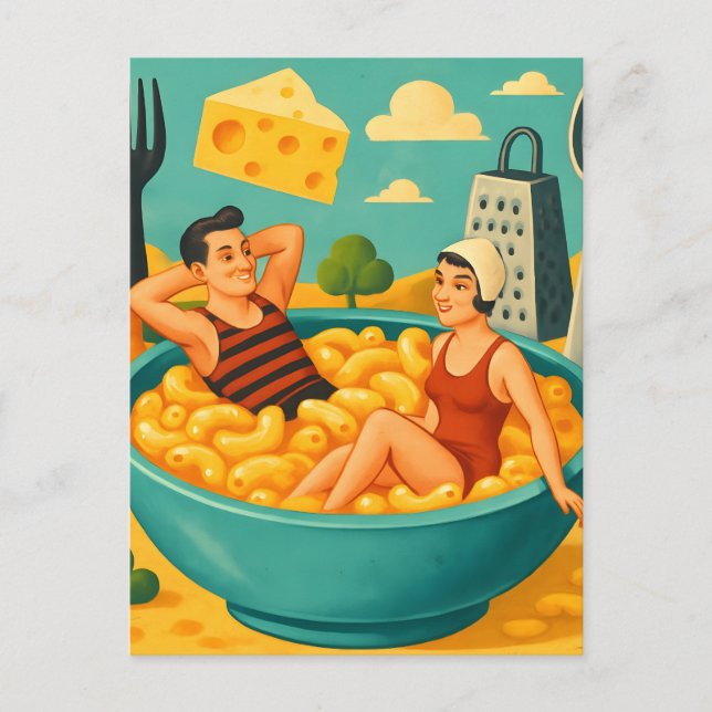 Surreal Couple Swims in a Bowl of Cheesy Noodles Postcard (Front)