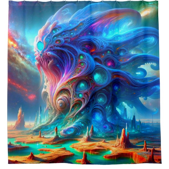 Surreal Creature Radiant Cosmic Desert Landscape Shower Curtain (Front)