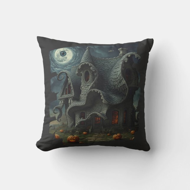 Surreal Creepy Haunted House with Pumpkins & Moon Cushion (Front)