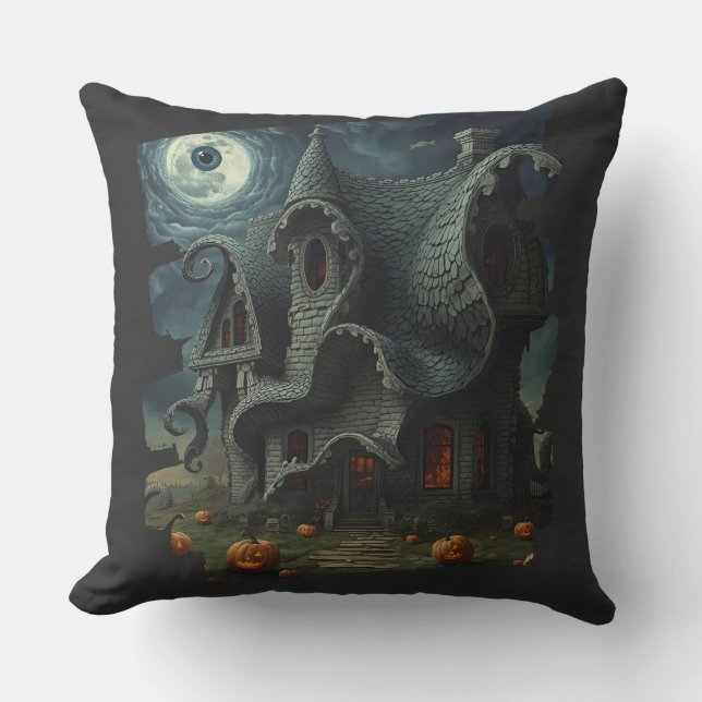 Surreal Creepy Haunted House with Pumpkins & Moon Cushion (Front)