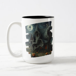 Surreal Creepy Haunted House with Pumpkins & Moon Two-Tone Coffee Mug