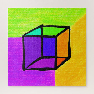 Surreal Cube Hand-drawn Geometric Figur 70's Retro Jigsaw Puzzle
