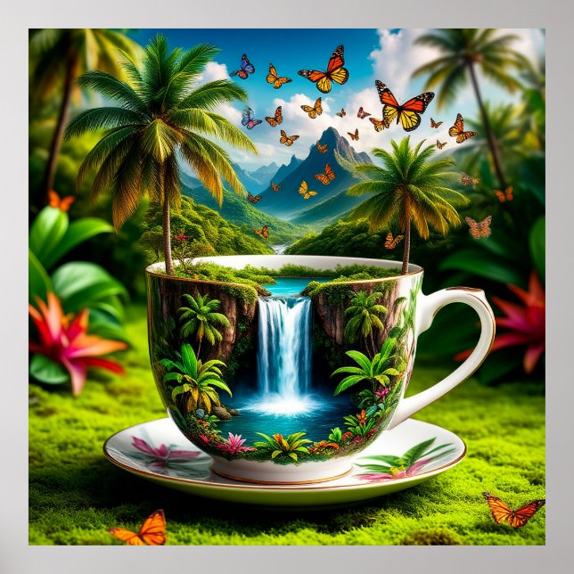 Surreal Cup Transforming into Tropical Waterfall Poster (Front)