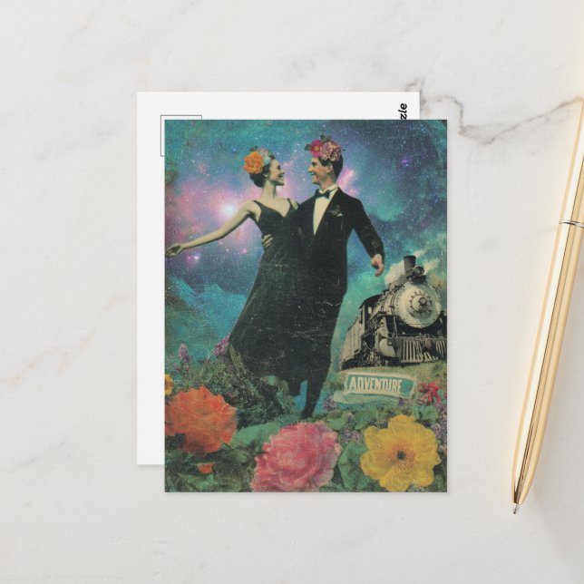 Surreal Dancing People Adventure Collage Train  Postcard (Front/Back In Situ)