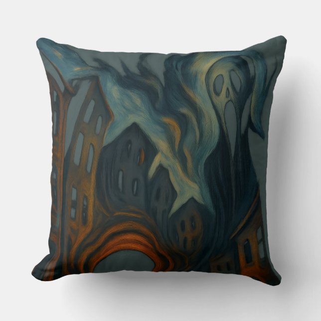 Surreal Dark Cityscape Art Ghostly Figure Painting Cushion (Front)