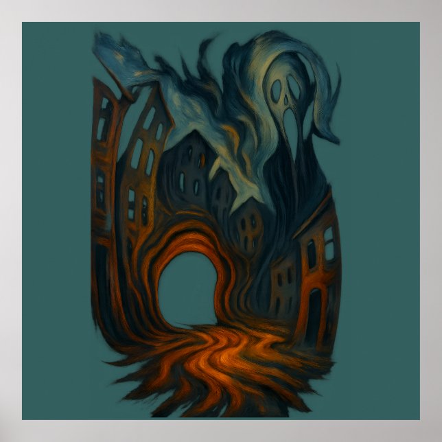 Surreal Dark Cityscape Art Ghostly Figure Painting Poster (Front)