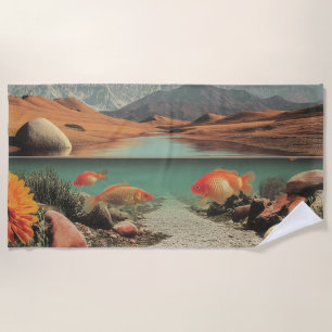 Surreal Desert and Lake with Goldfish Beach Towel