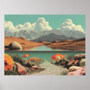 Surreal Desert and Lake with Goldfish Poster