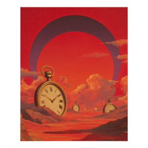 Surreal Desert Clock Red Dreamscape Art Poster
